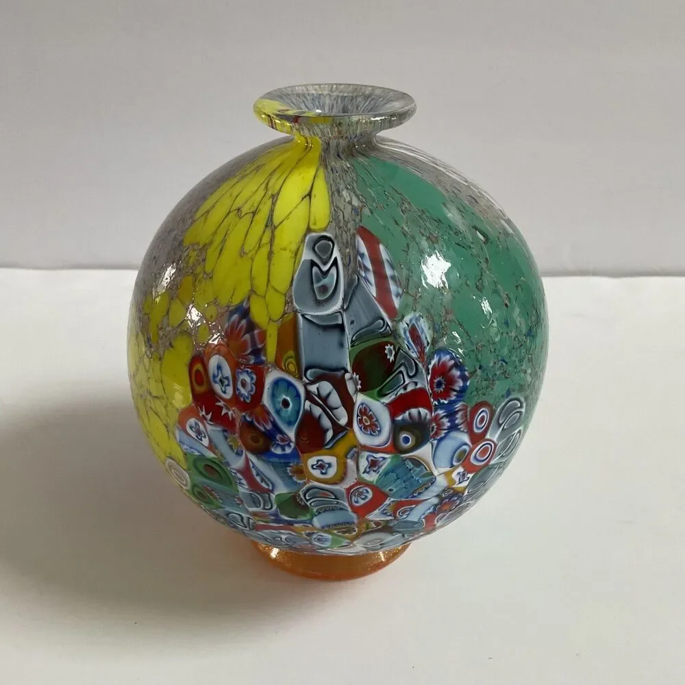 Rare Modernist Murano Eccolo Millefiori Blown Glass Orb Vase Italy Made Sticker